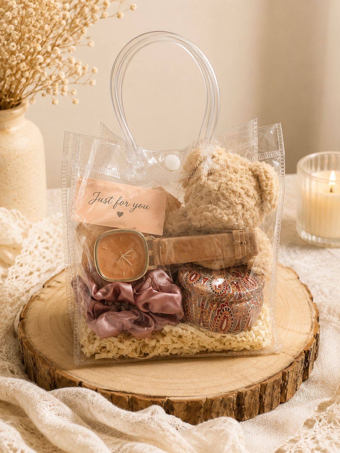 A curated Warm Wishes gift box with a watch, scrunchie and 'Just for you' card